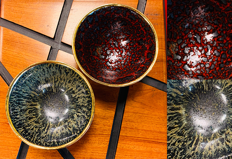 大立窯 鎏金珊瑚翠柏對杯 結晶釉 天目釉茶杯 